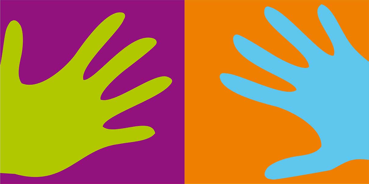 Rysunek dwóch kolorowych dłoni na kontrastującym tle.
